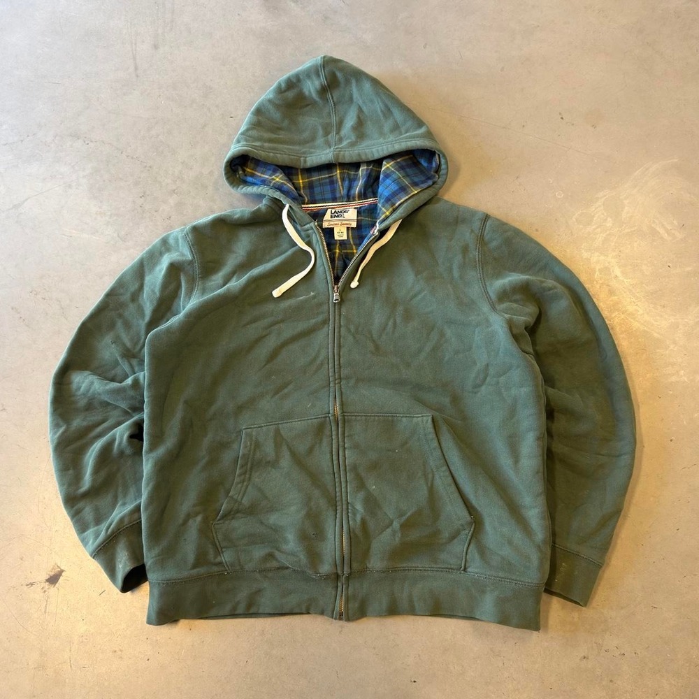 Vintage Lands End Serious Sweats Green Plaid Lined Full Zip Hoodie Mens L